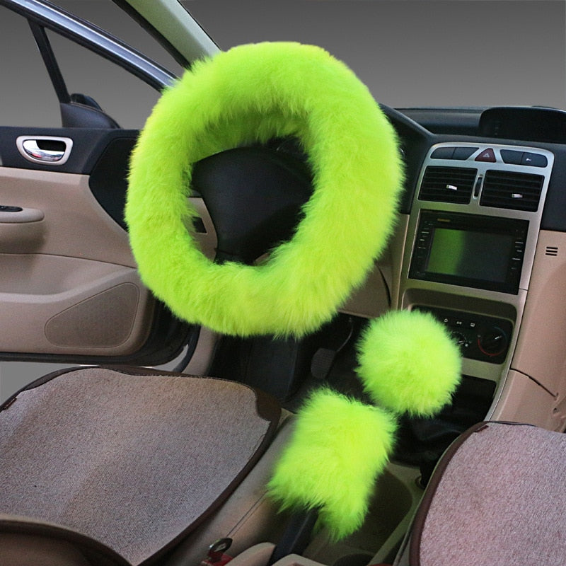 3PCS Fur Steering Wheel Cover Set