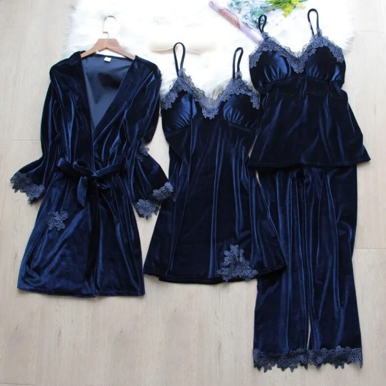 Velour Lace Robe Pajamas Set