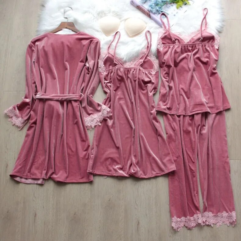Velour Lace Robe Pajamas Set
