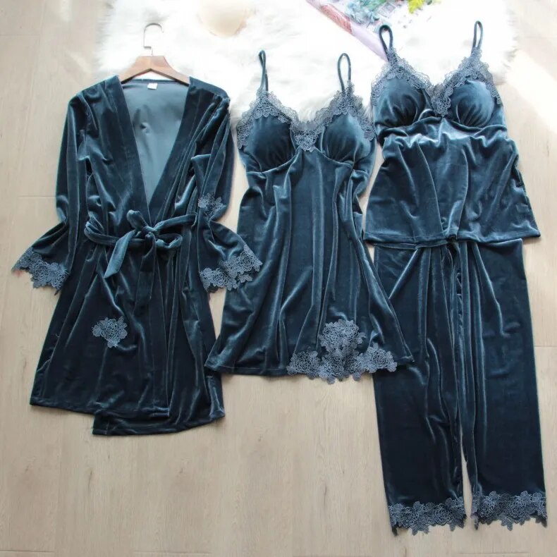 Velour Lace Robe Pajamas Set