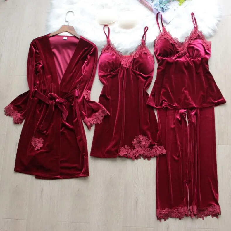 Velour Lace Robe Pajamas Set