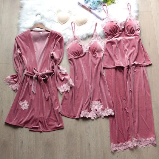 Velour Lace Robe Pajamas Set