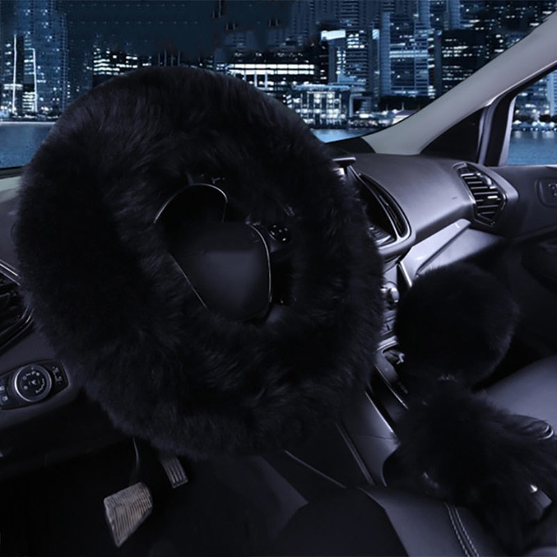 3PCS Fur Steering Wheel Cover Set