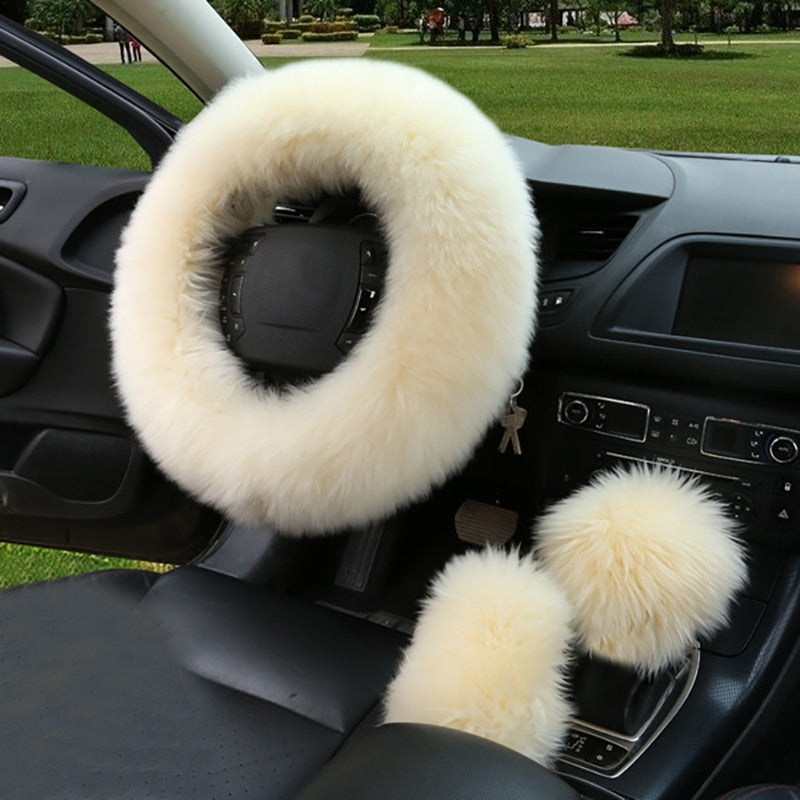 3PCS Fur Steering Wheel Cover Set