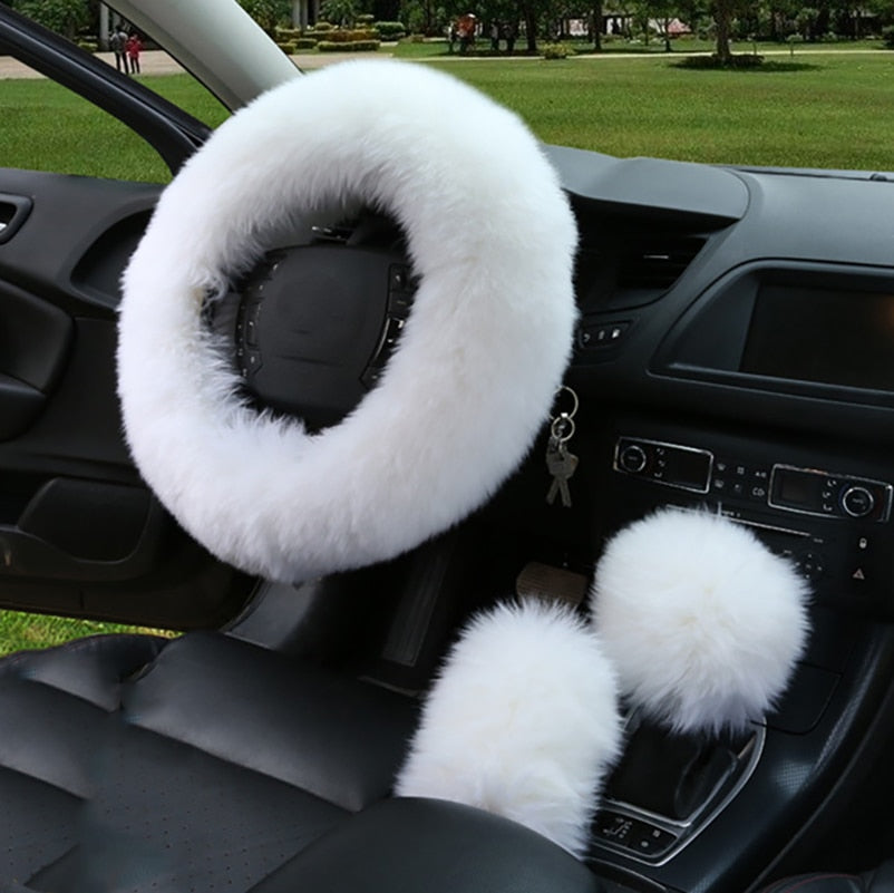 3PCS Fur Steering Wheel Cover Set