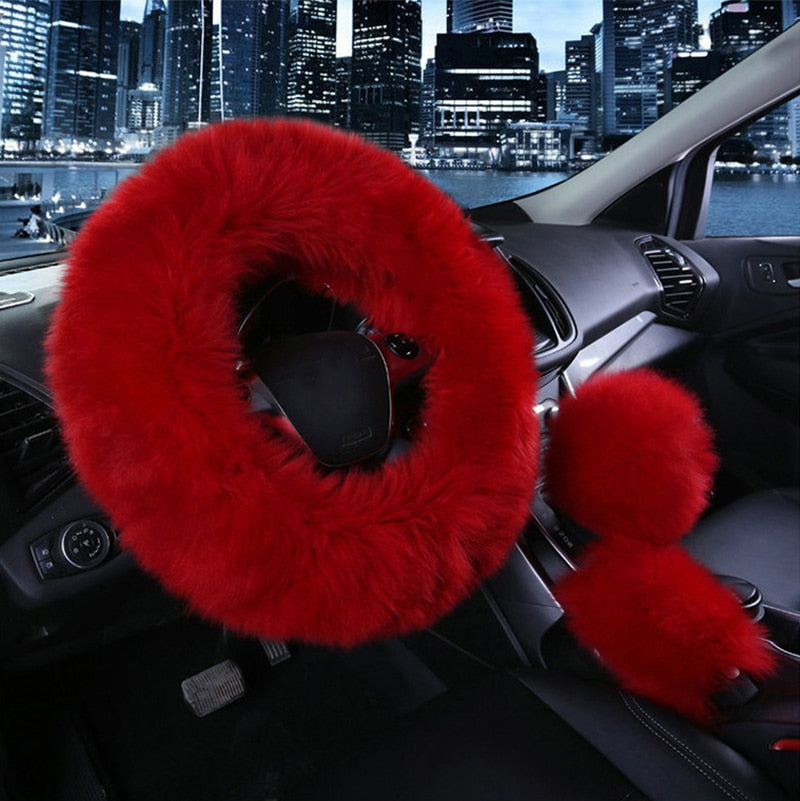 3PCS Fur Steering Wheel Cover Set