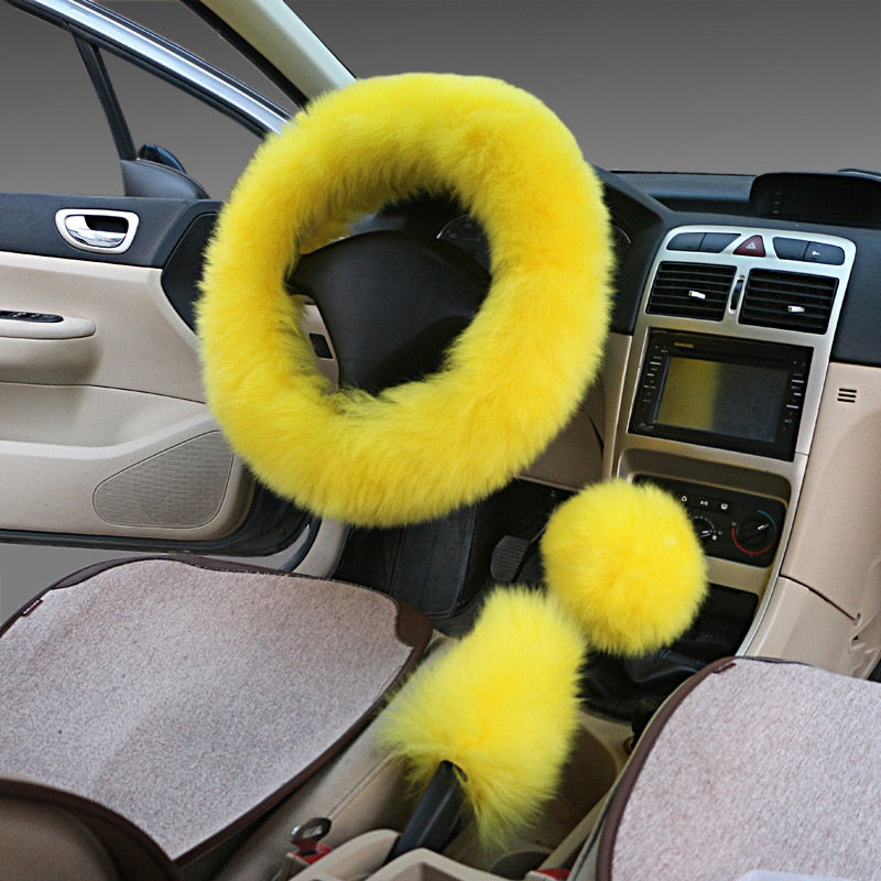 3PCS Fur Steering Wheel Cover Set